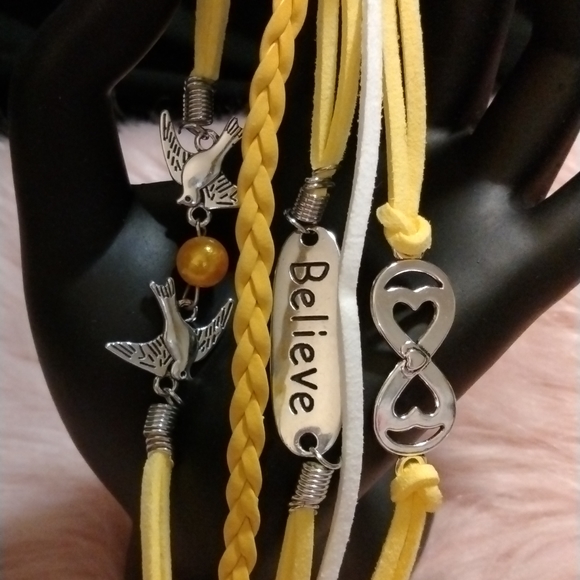 Bohemian Leather Wrapped Bracelet NEW!  BELIEVE DOVES HEARTS - Picture 2 of 5